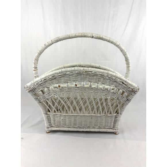 Vintage White Wicker Magazine Basket Holder Wooden 19.5" 1960's Storage Rack - Picture 9 of 16